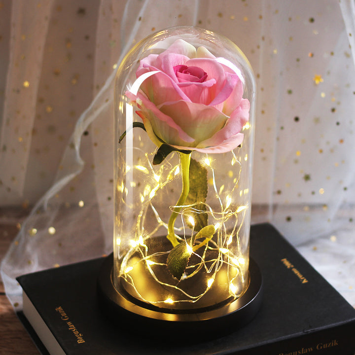 Dia das mães Favores do casamento de dama de honra Simulação imortal Tampa de vidro rosa Ornamento LED luminoso