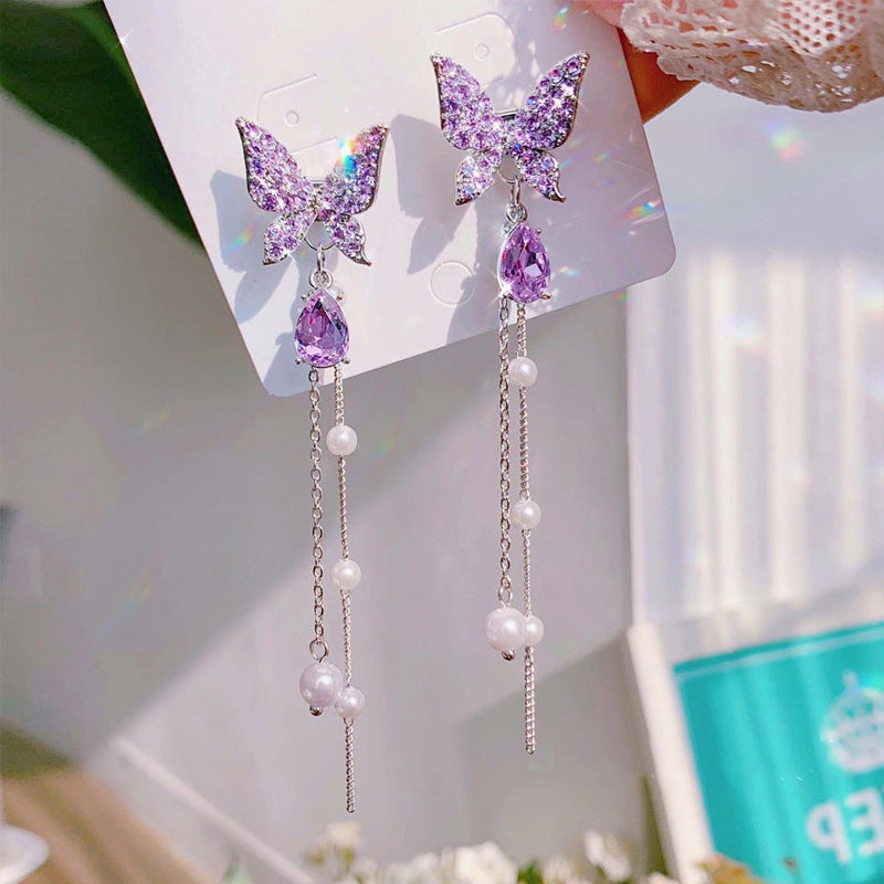 Hopeaneulan naisten kristalli Purplecolorful valkoinen perhonen nastakorvakorut