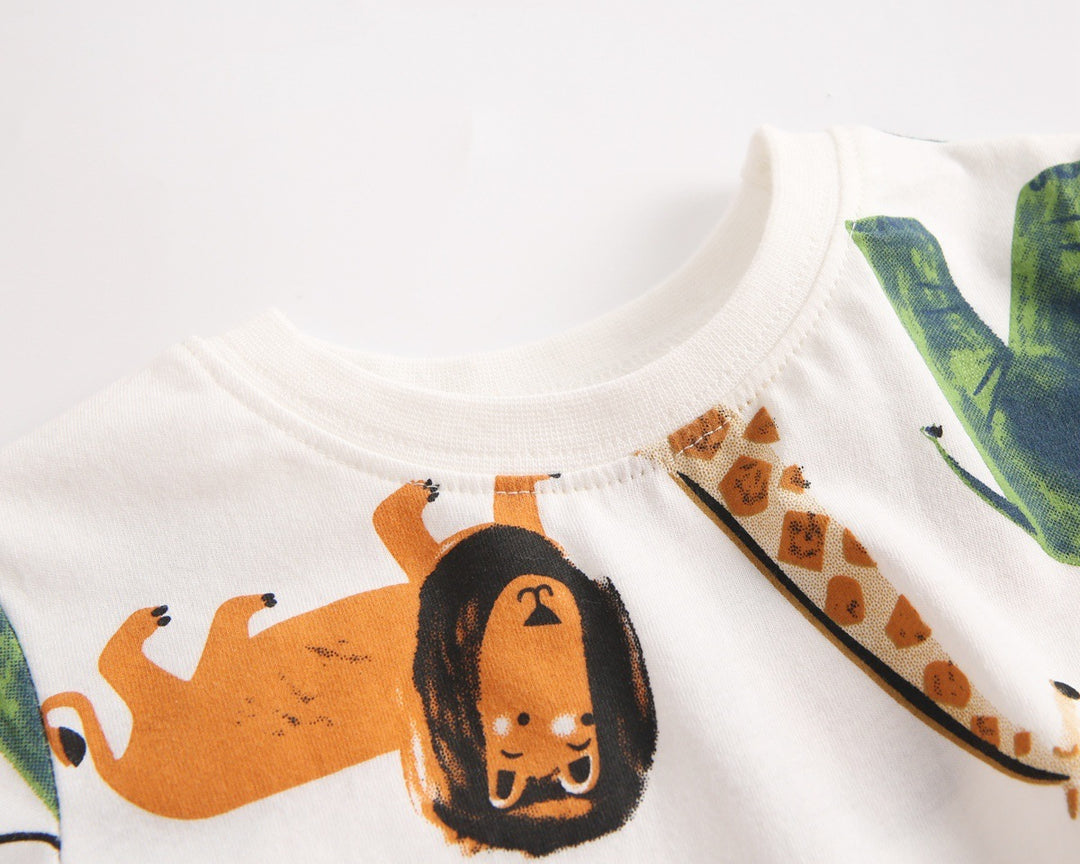 ملابس الأطفال ملابس الأطفال الكورية بيبي بوي الحيوان طباعة قصيرة الأكمام تي شيرت السراويل قطعتين مجموعة الصيف