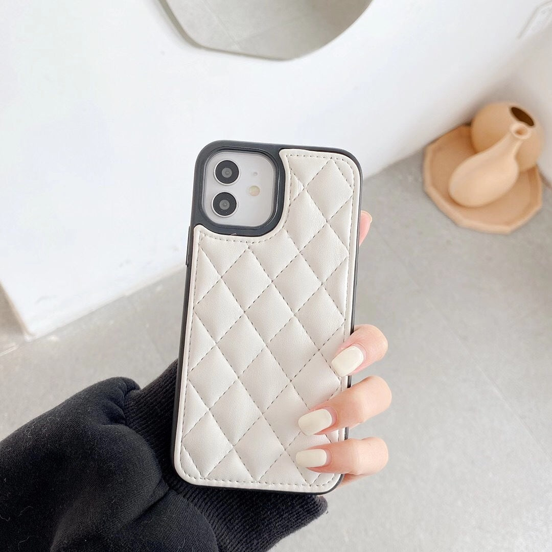 Compatible with Apple, Suitable For Iphone 12 Case Lamb Skin Rhombic Lattice 11 Solid Color Leather Case