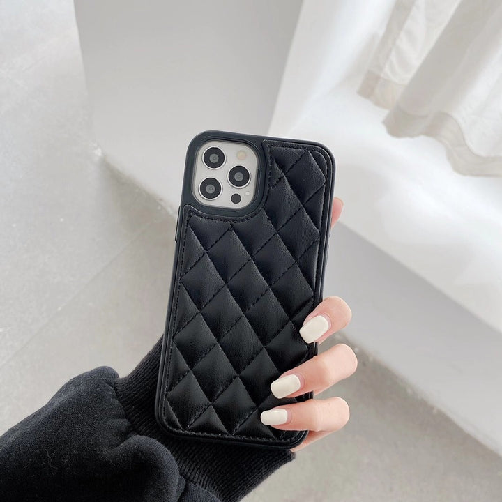 Compatible with Apple, Suitable For Iphone 12 Case Lamb Skin Rhombic Lattice 11 Solid Color Leather Case