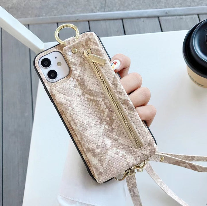 İle uyumlu Apple , Yılan derisi desenli telefon çantası fermuar cüzdanı