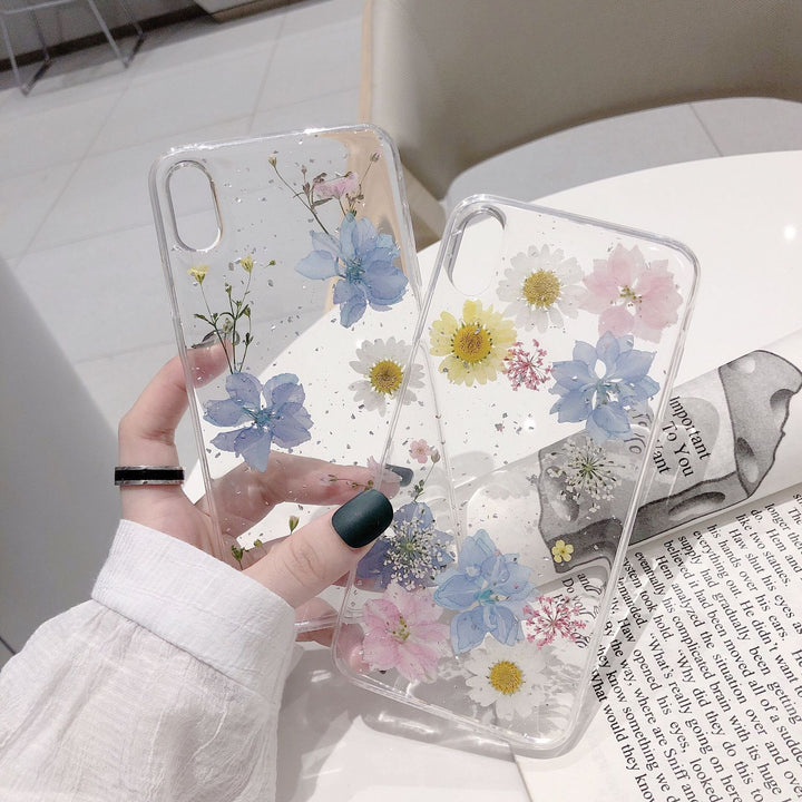 Moda Glitter Real seca Dele Pressed Flower Case de silicona transparente