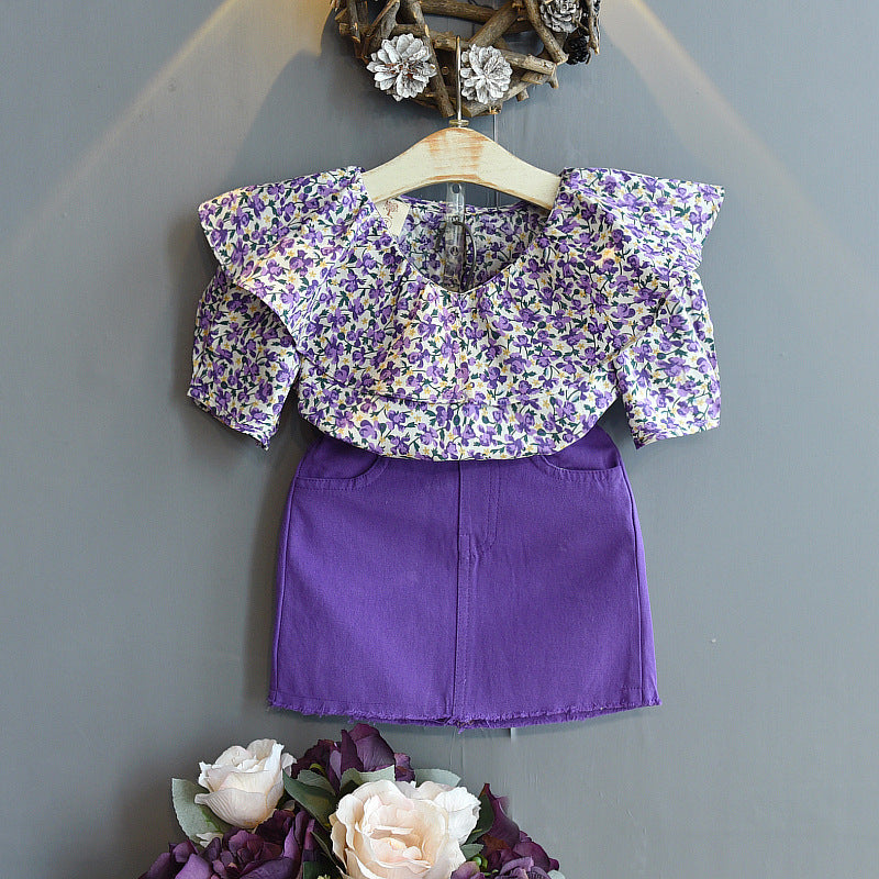 Zomer Kinderkleding Koreaanse mode Flower lotus blad kraag shirt rok klein meisje kledingpak paarse kinderkleding