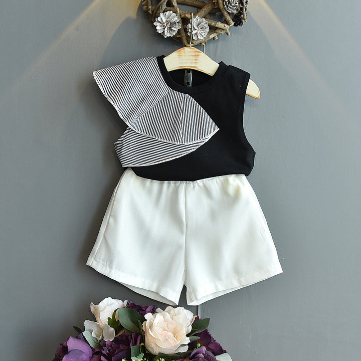 Ropa de verano para niños de moda coreana flor de loto de loto camisa de collar falda ropa de niña traje de ropa para niños púrpura
