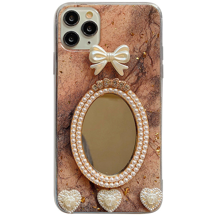 Съвместим с Apple, Marble Bowknot Rhinestone Mirror телефонно калъф