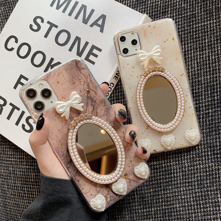 Compatible with Apple , Marble Bowknot Rhinestone Mirror Phone Case