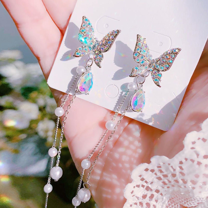 Серебряные игольные хрустальные хрустальные серьги женской белой бабочки