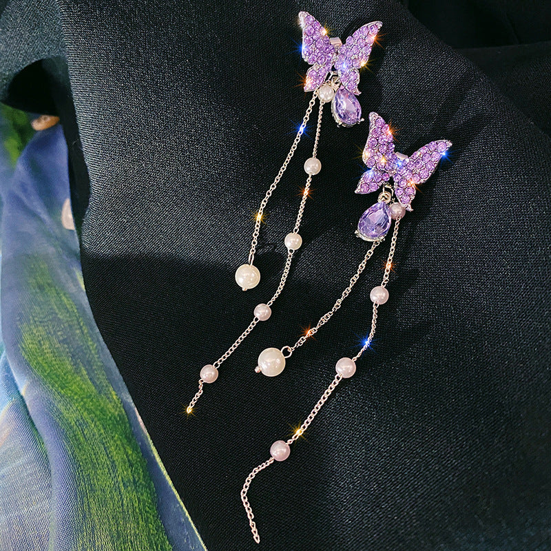 Gümüş İğne Kadın Kristal Purplezorful Beyaz Kelebek Saplama Küpe