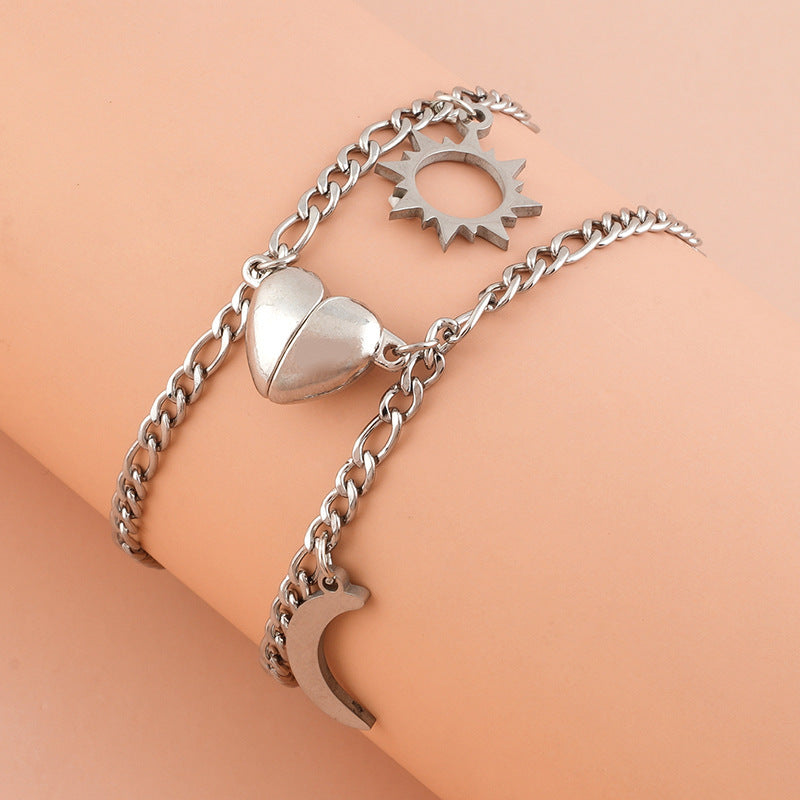 Sun Moon Heart Shaped Magnetic Buckle Bracelet Set