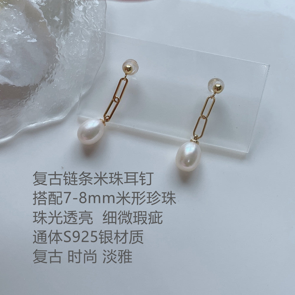 S925 Pearl de plata esterlina Pendientes frescos y lindos