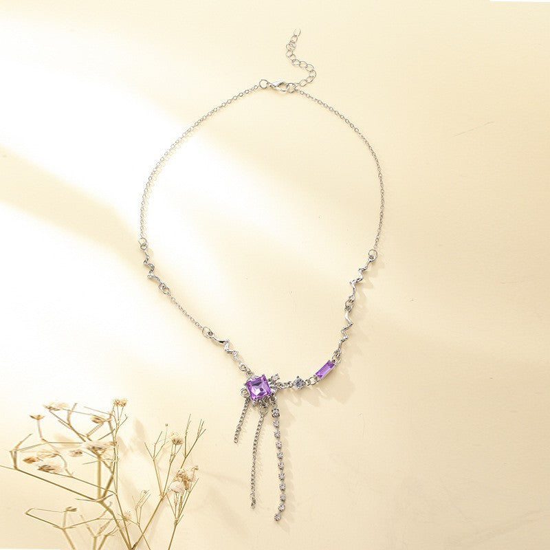 Super Fairy Temperament Purple Square Crystal Necklace for Women, Sweet and Cool Long Style, Tassel Niche, High-End Design, Collarbone Chain