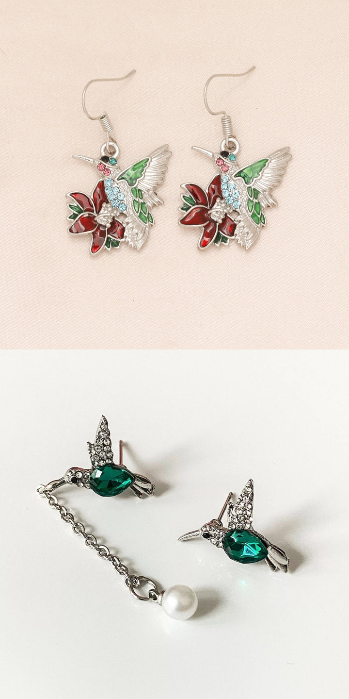 Colorful Hummingbird Full Diamond Pendant Earrings