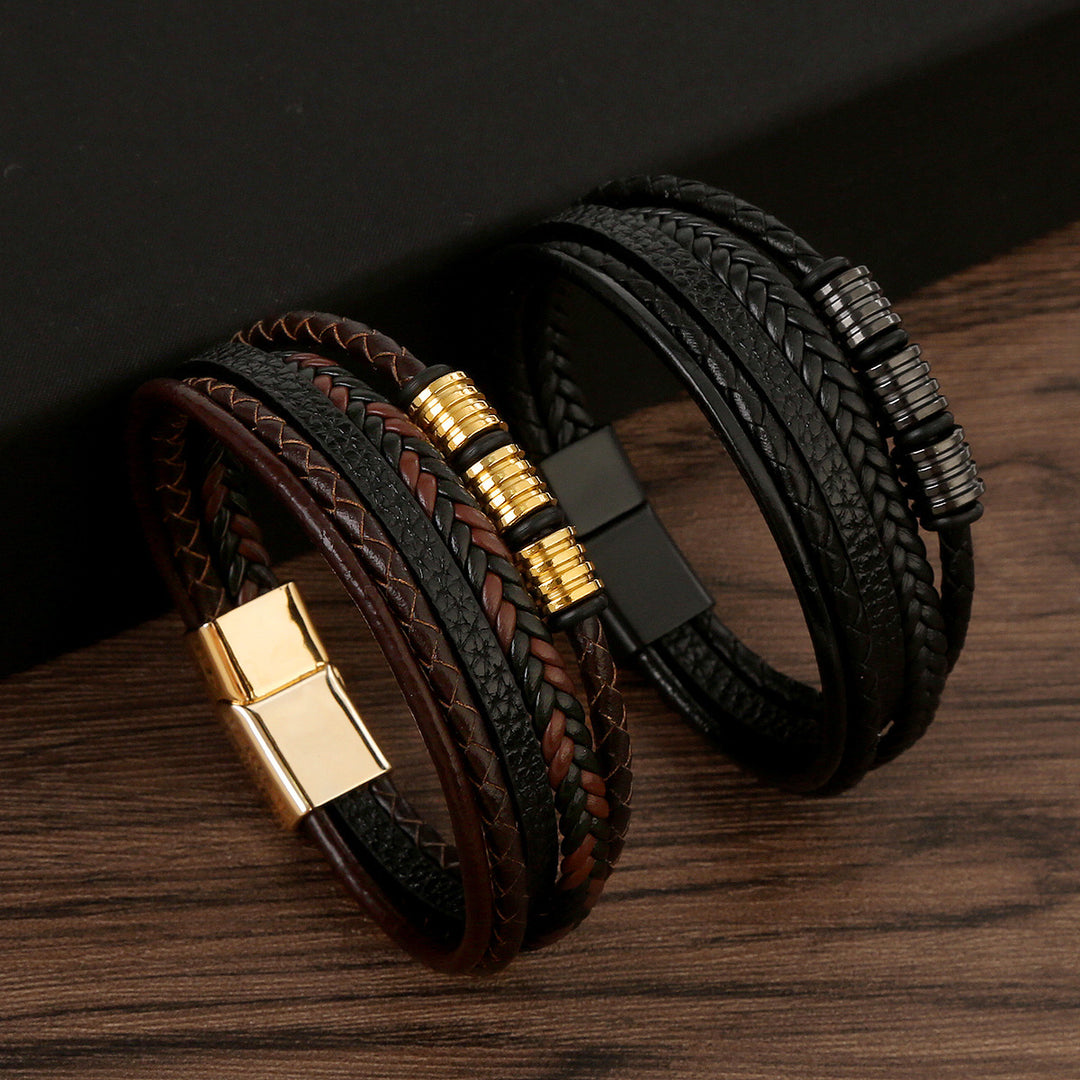 Bracelet tissé magnétique en cuir masculin en acier inoxydable