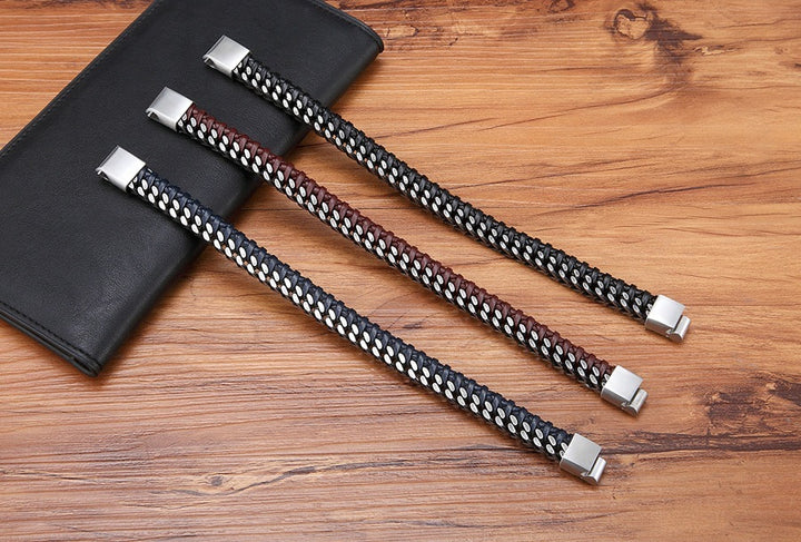 Vintage Leder gewebtes Männer -Stahl -Schnalle -Armband für Herren.