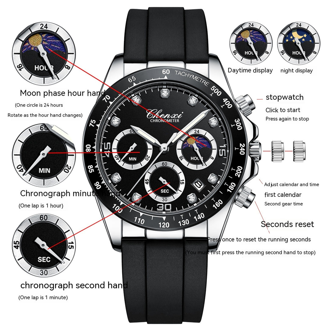 Multifunctionele Silicone Band Watch Men's Three Eyes en Six Naalles