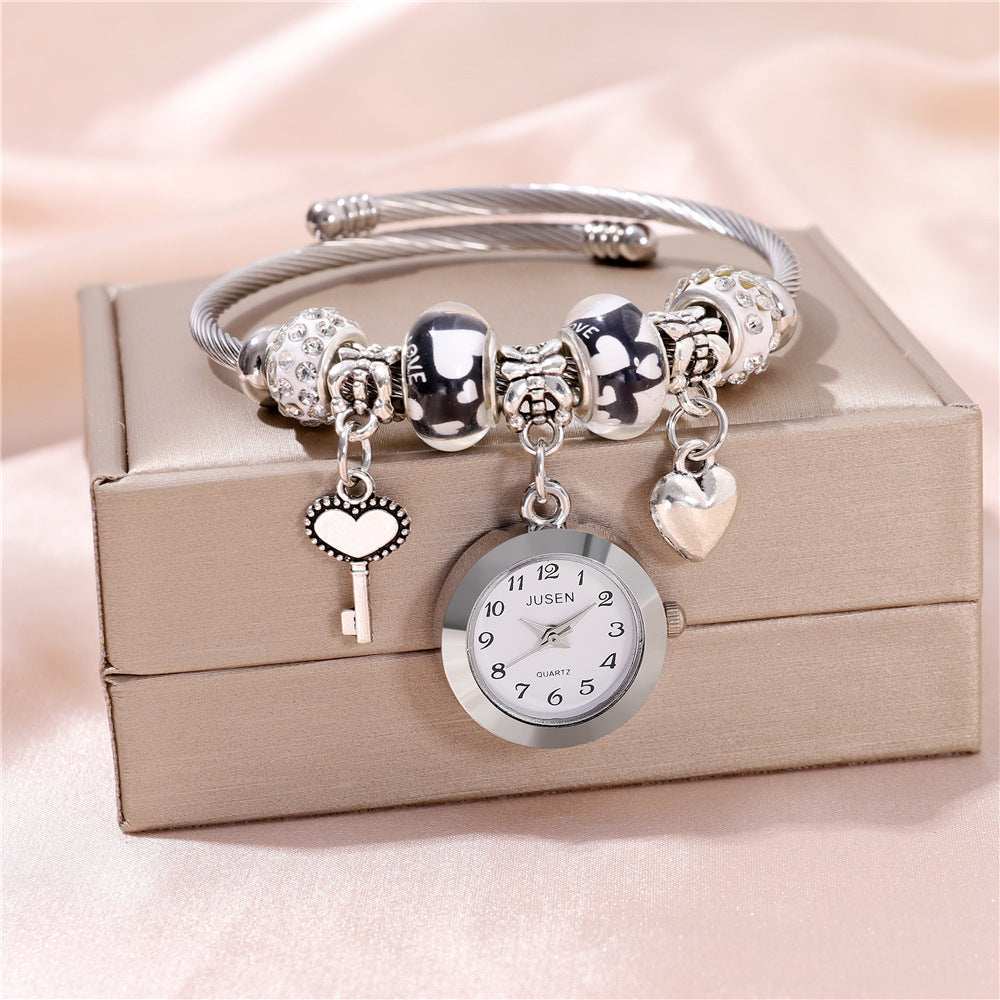 Women Bangle Watch Love Heart Key Pendant Quartz Women Bangle Watch