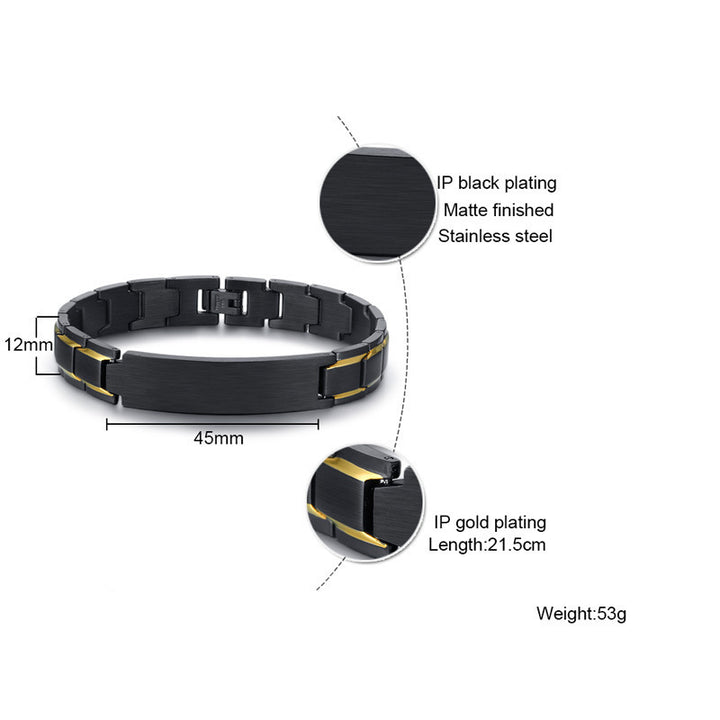 Custom Engraving Heavy Chain Bracelet 12mm Men's Black Matt Finish Curved Bar Charm Bracelet in Stainless Steel