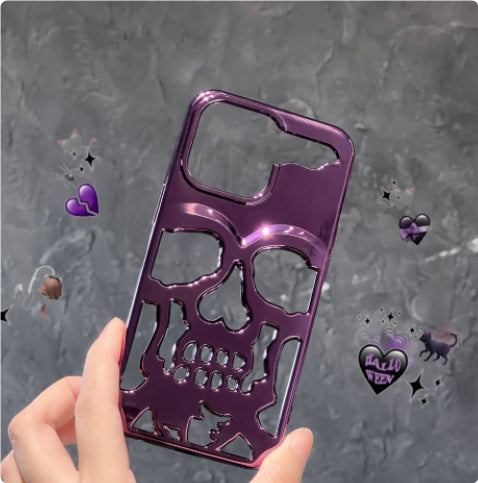 Luksusplatting 3D Skull Telefonveske Breathable Glassy Hollow Out Gold Metallic Paint