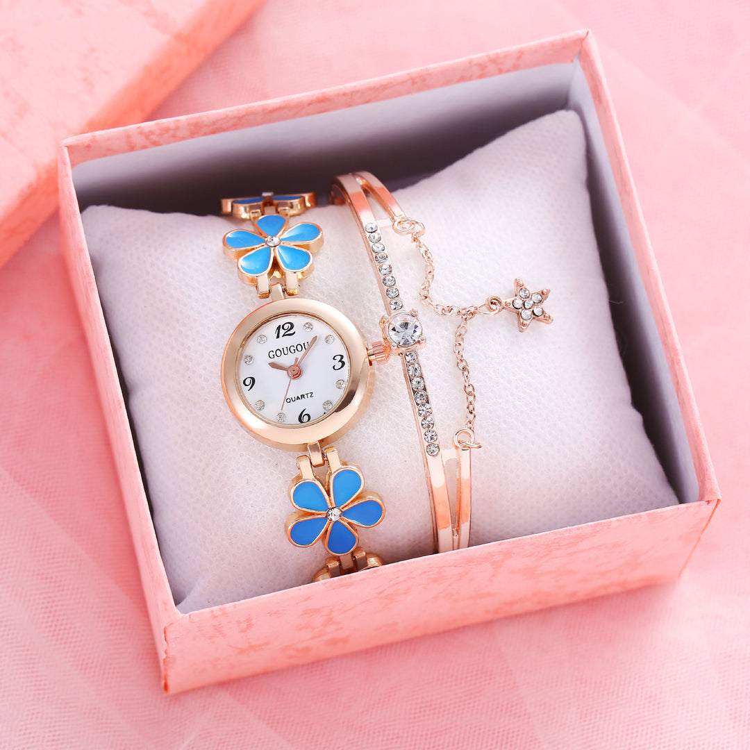 Set de brazalete de reloj de cuarzo estampado de pétalo de damas