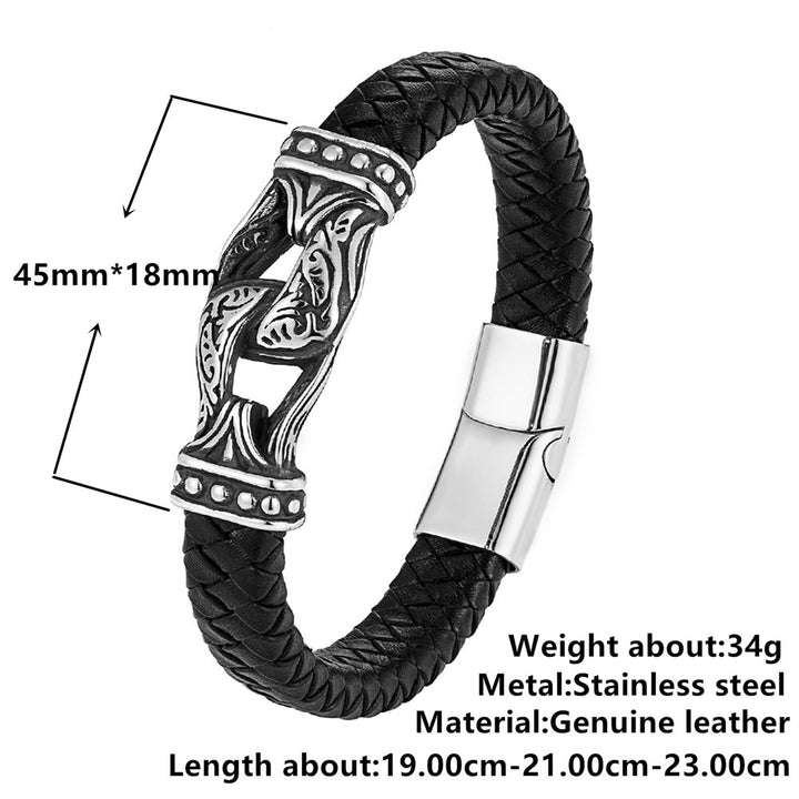 Stainless Steel Jewelry Double Stirrup Tibetan Men's Authentic Leather Weave Bracelet