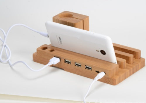 Compatible con manzana, bambú, madera y mobile, soporte de manzana cargando corchete de madera base de teléfonos múltiples con celda plana