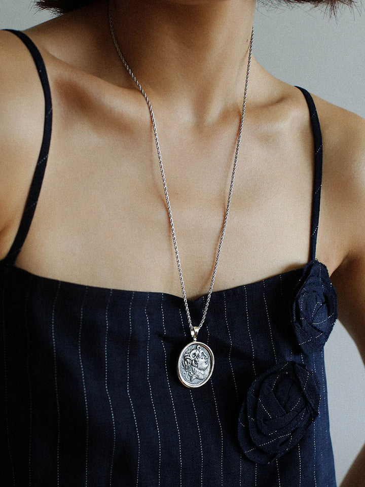 Silver Coin Long Necklace Women's Retro Simple Chain