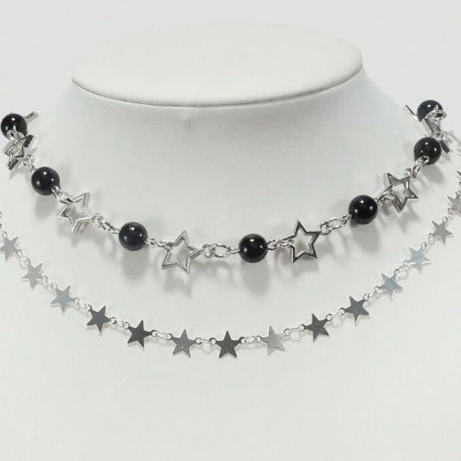 Perle ausgehöhltes Fünf-Punkt-Stern-Schlangeblatte Einfaches Temperament heißes Mädchen Punk Star Round Perlen Halskette