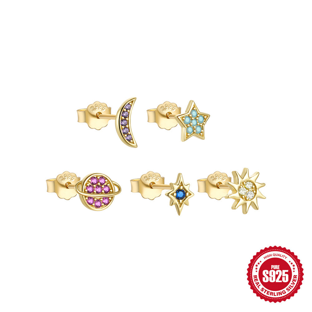 Mode S925 Sterling Silver Star Moon Color Diamond Earrings 5-Piece Set