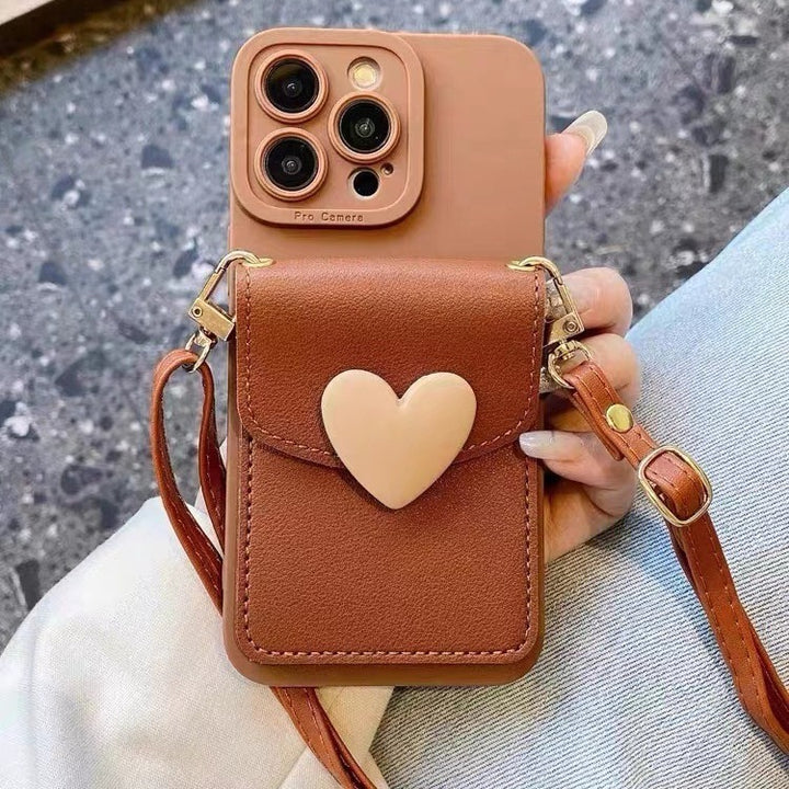 Brown Heart Card Holder Skórzowa okładka telefonu ukośna