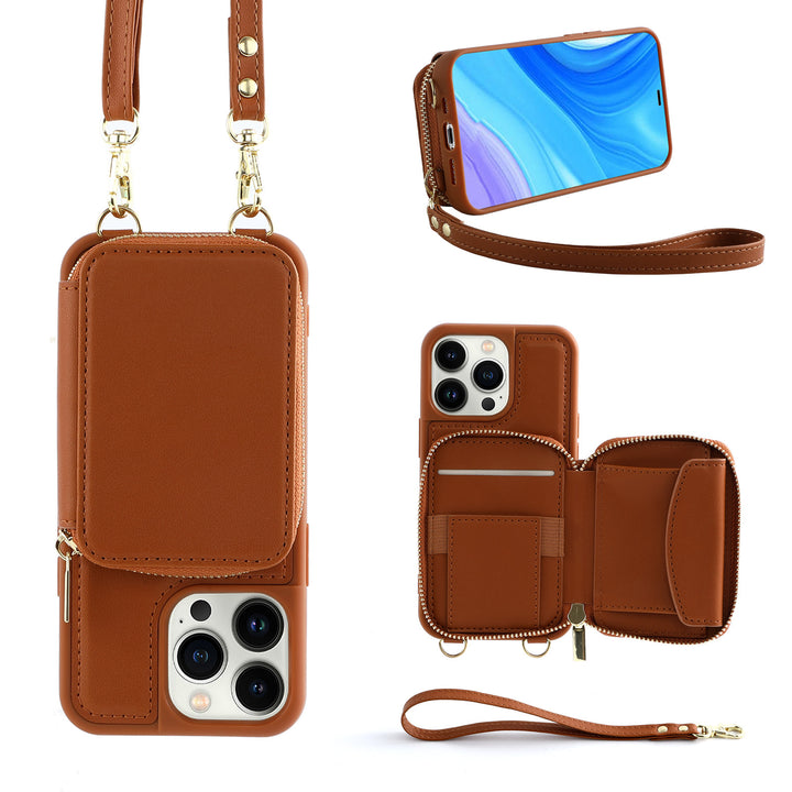 IPhone14Pro Phone Case Crossbody Zipper Multifunktionellt korthållare Plånbokstyp Tillämpligt skyddande läderfodral
