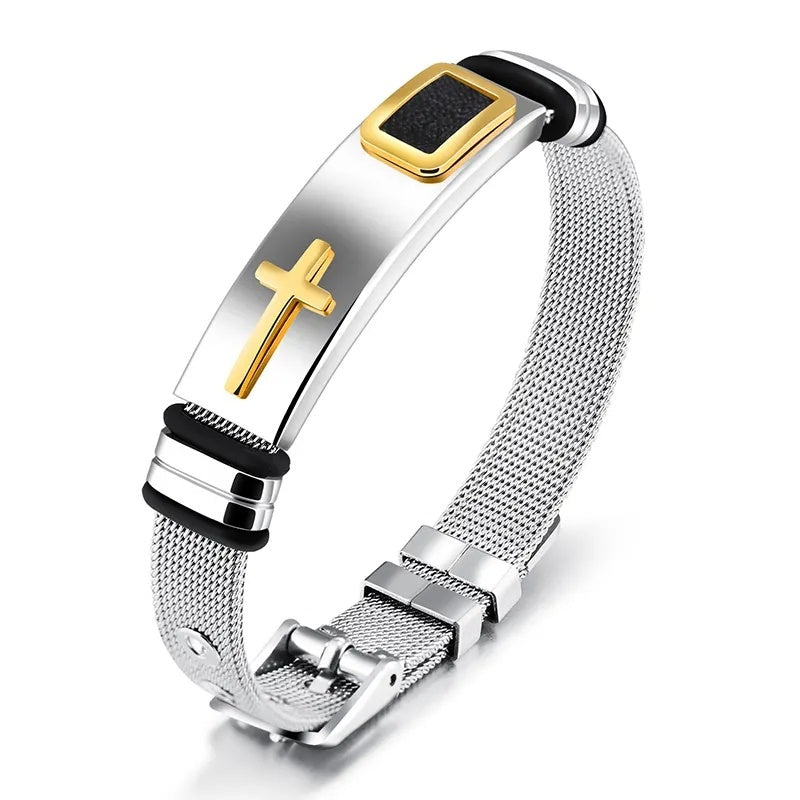 Ein einstellbares Armband für Männer 3D -Kreuz aus Edelstahl -Maschenkette Armbänder Armreifen Armbänder
