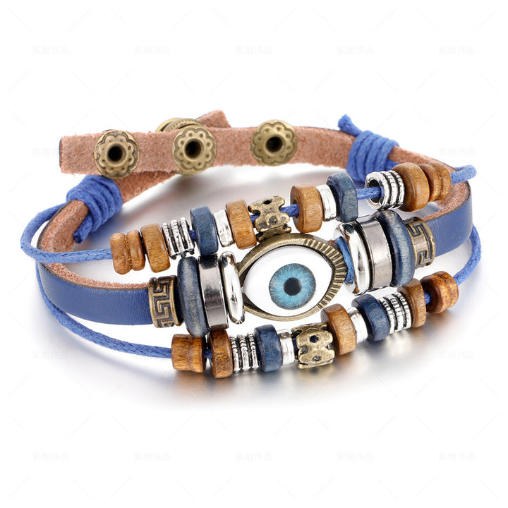 Popular Ethnic Style Multi-layer Cowhide Hand-woven Beads Leather Cord Bracelet Adjustable
