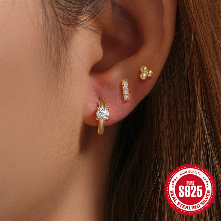 S925 Sterling Silver Fashion Simple Mini Geometric Glossy Round Eight-pointed Stars Single Row Zircon Set Earrings