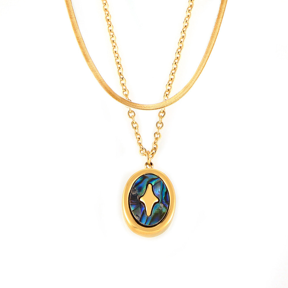 French Cross Light Oval Colorful Real Shell Pendant Titanium Steel Gold-plated Necklace