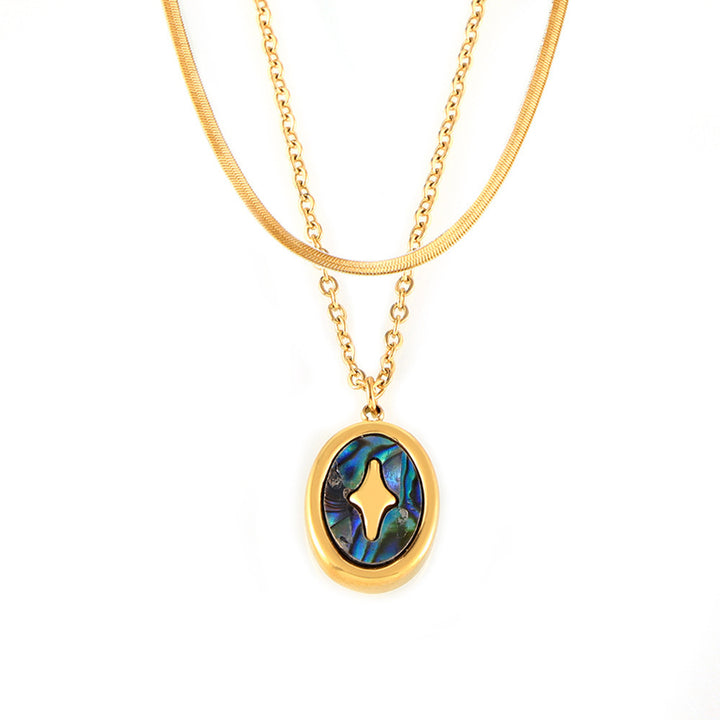 French Cross Light Oval Colorful Real Shell Pendant Titanium Steel Gold-Plated Necklace