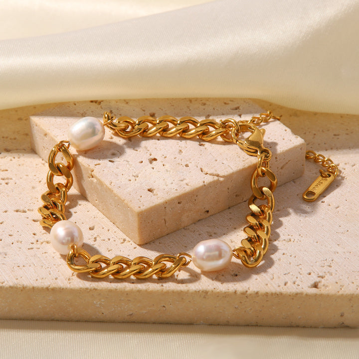 Cadena de enlace cubana de acero inoxidable tres Perrantillas temperamentales simples de moda perla