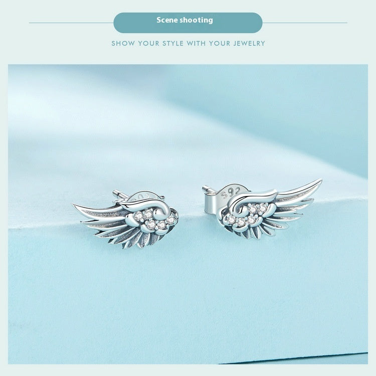 Aifule Cross-border Hot Selling Wholesale Angel Wings Wings Light Luxury Feather Studs Earrings