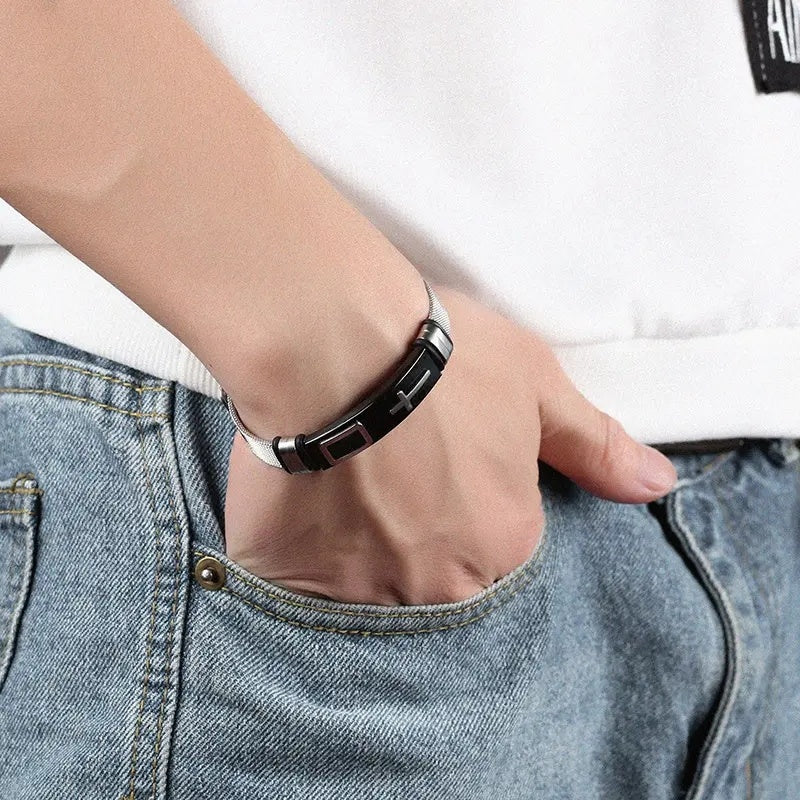 Bracelet réglable masculin 3D croix en acier inoxydable bracelets de chaîne de maille bracelets