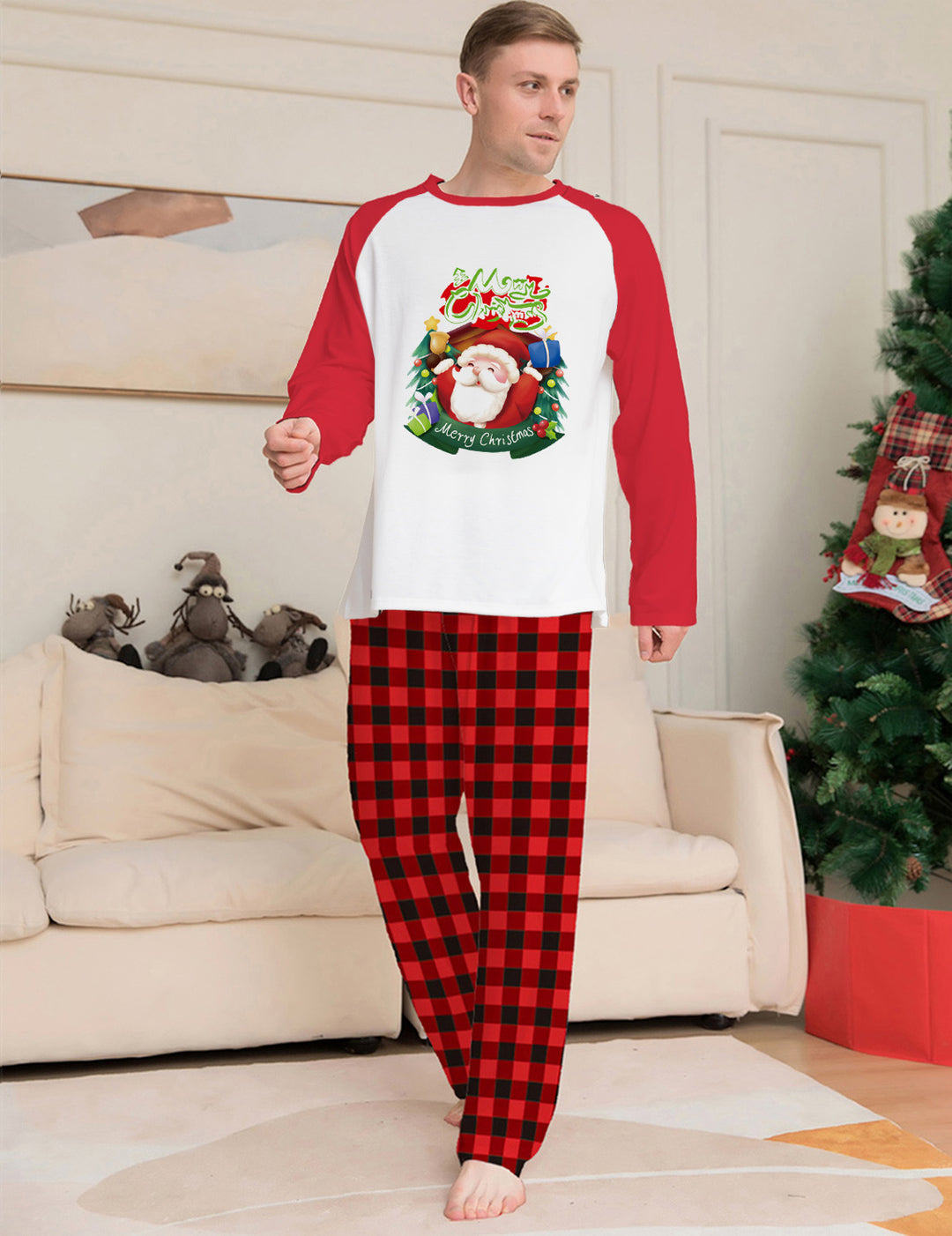 Weihnachten Eltern-Kind-Kleidung Langarm T-Shirt T-Shirt Plaid Hosen Familie passender Pyjama