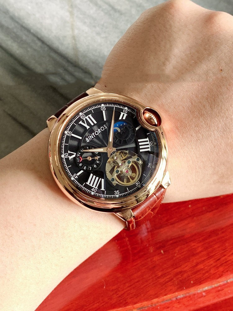 Golpe de la esfera grande para hombres Reloj mecánico de tourbillon hueco luminoso multifuncional