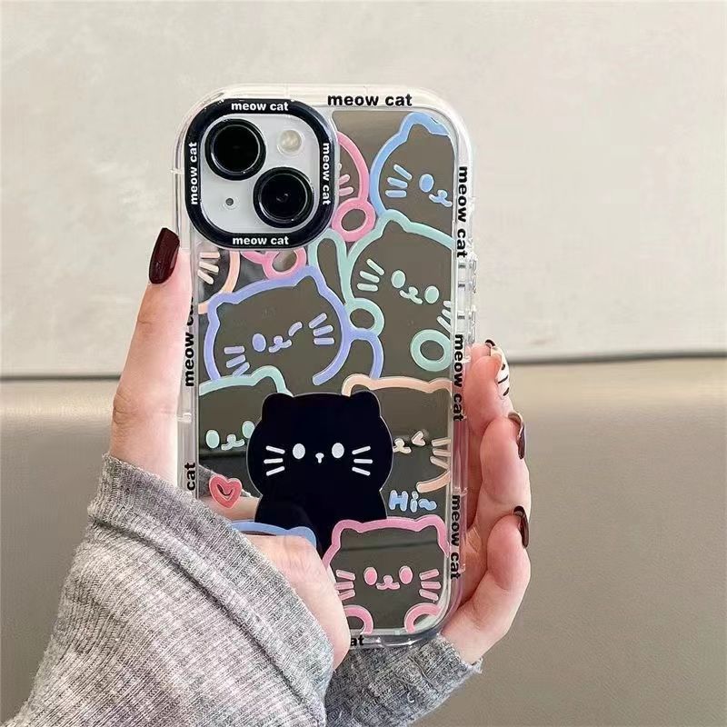 Étui de téléphone miroir cosmétique de motif de chat linéaire