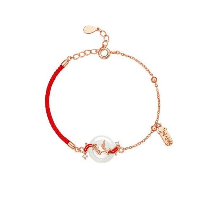 Landing Koi Hetian Jade Safety Buckle Bracelet S925 Sterling Silver Red Rope Animal Year Lucky Bead