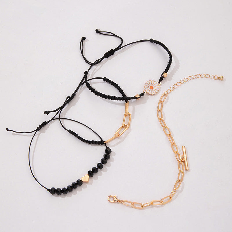 Moda Aleación Vintaoy Crisantemo Beads negros con brazalete de cuerda