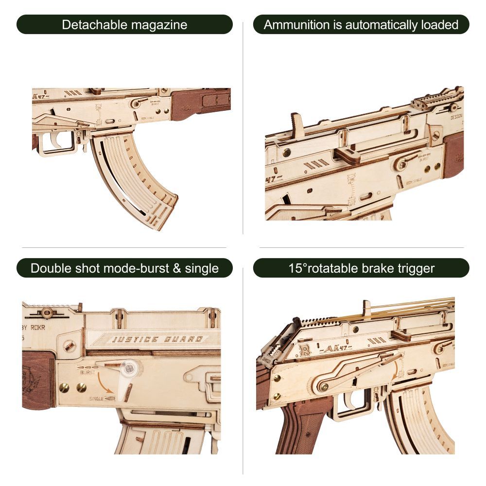 Robotime Rokr Rifle automático AK-47 Modos de disparo de doble ensamblaje de madera 3D Modos de disparo Director de bricolaje divertidos para niños Adultos Justicia Guar LQ901