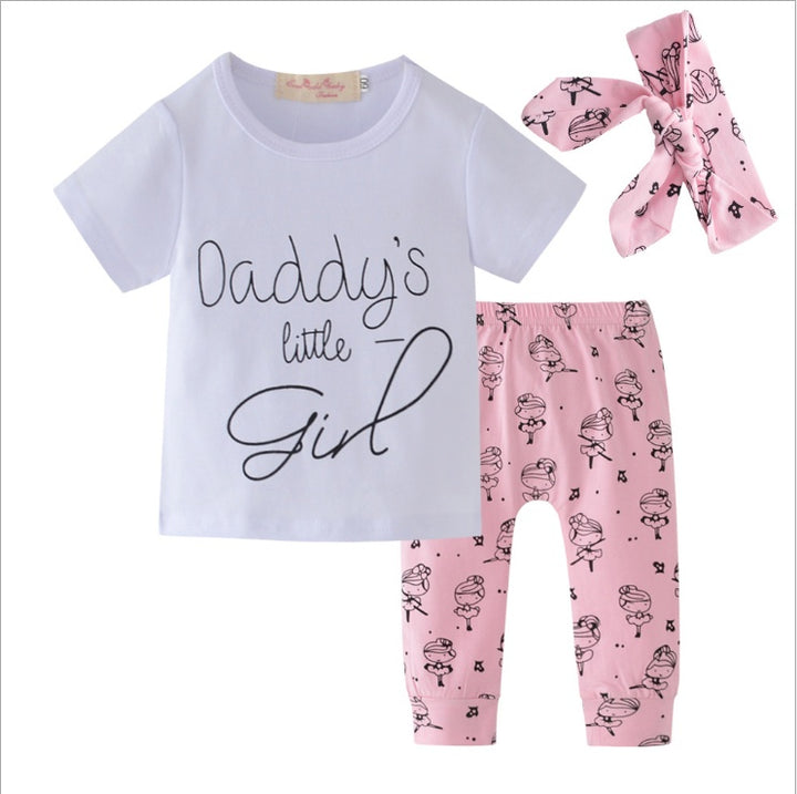 Bebek bebek kızlar kıyafetleri Baba'nın Küçük Kız Tişört Karikatür Pantolon Kafa Bandı Toddler Kıyafetler Giyim Seti