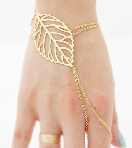 SUSENSTONE Women's Hollow Leaves Finger Bangle Chain Gold Bracelet
