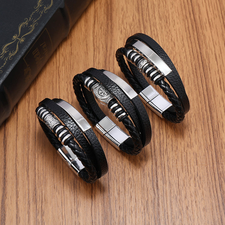 Men's Leather Multi-layer Woven Magnetic Buckle Bracelet