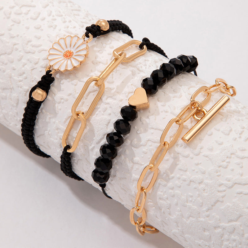 Fashion Vintage Alloy Chrysanthemum Black Beads With Rope Bracelet