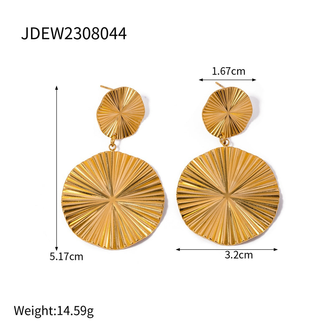 18K Gold Stainless Steel Pleated Round Pendant High Profile Large Women's Earrings